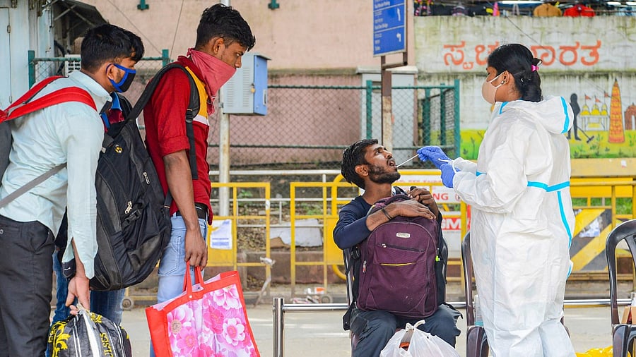 Covid-19 test at KSR Railway station in Bengaluru. Credit: PTI  File Photo