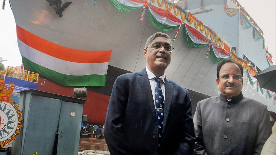 Union minister of state Ajay Bhatt (Right) at the launch of the 'Sandhayak' vessel along with Rear Admiral (retd) and CMD of GRSE, VK Saxena. Credit: PTI Photo