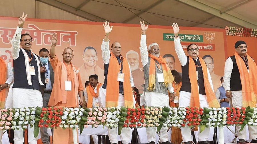 The UP BJP with Union minister Rajnath Singh at a rally. Credit: PTI Photo
