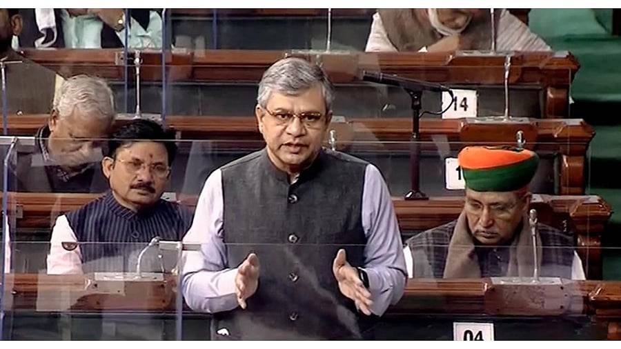 Railway Minister Ashwini Vaishnaw speaks in the Lok Sabha during the Winter Session of Parliament, in New Delhi. Credit: PTI Photo