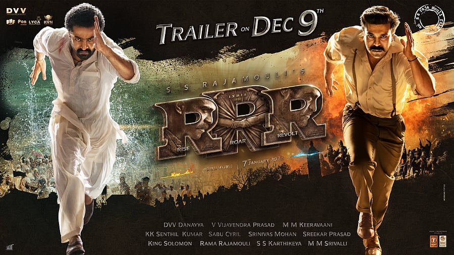 Jr NTR, Ram Charan in the poster of 'RRR'. Credit: Twitter/@ssrajamouli