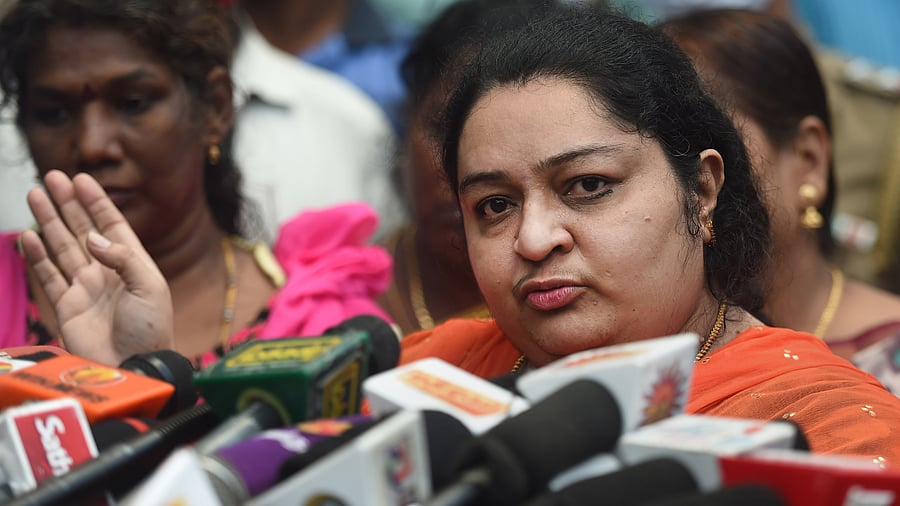 Deepa Jayakumar, niece of late AIADMK supremo J Jayalalithaa, addresses the media in Chennai. Credit: PTI Photo