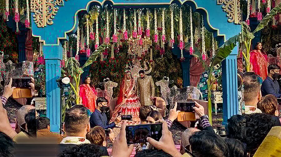Lalu Prasad Yadav's younger son Tejashwi Yadav with Rajshri during their wedding ceremony. Credit: PTI Photo