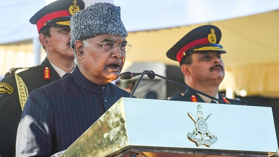 President Ram Nath Kovind speaks at the Passing Out Parade at the Indian Military Academy in Dehradun. Credit: PTI Photo