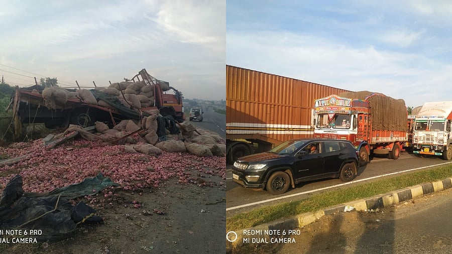 A view of the onion-laden truck that crashed on NH4 near Chitradurga (L) and traffic jam caused  in the aftermath of the accident. Credit: Special Arrangement