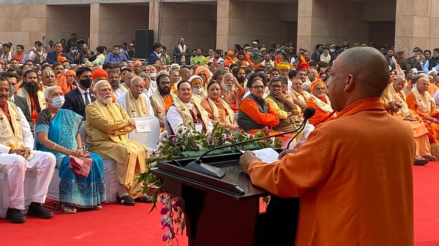 UP CM Yogi Adityanath speaks during the inauguration of redeveloped Kashi Vishwanath corridor in Varanasi. Credit: IANS Photo