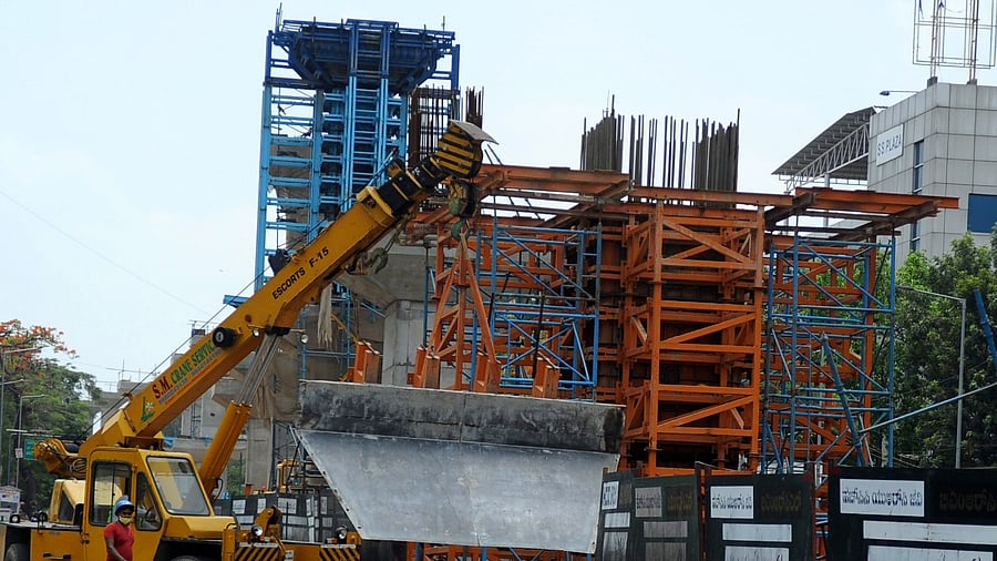 On-going metro work near Silk Board - BTM Layout, Bengaluru. Credit: DH File Photo