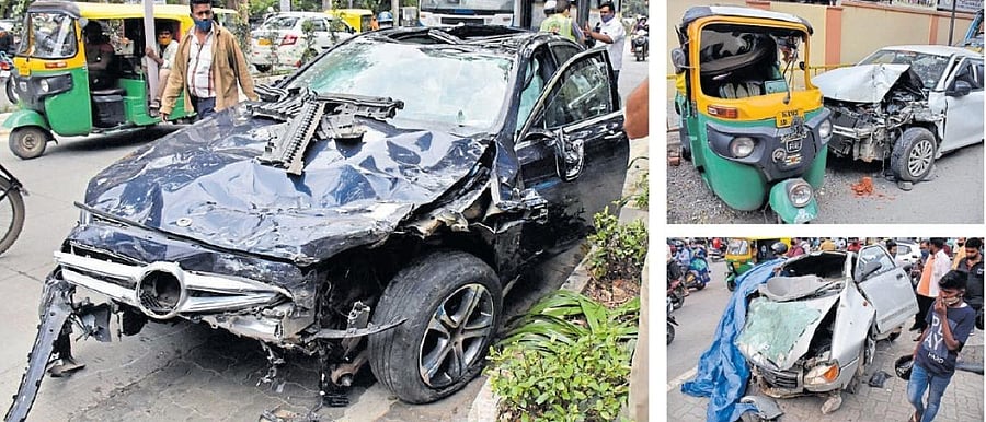 Eyewitnesses in Indiranagar say Suvidh Chordia’s Mercedes Benz crashed into a parked Maruti Alto, which in turn hit a Swift, which then rammed into a Tata Ace mini-truck. DH Photos BY B K Janardhan