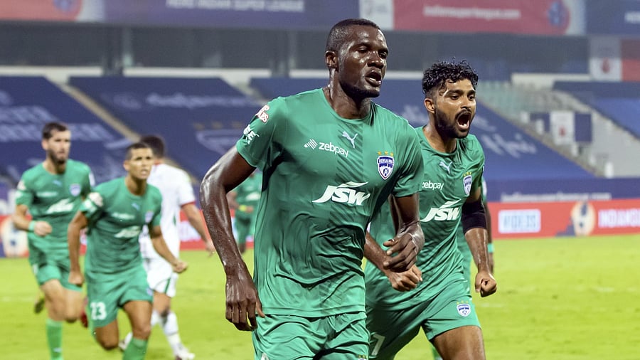 Prince Vinny Ibara Doniama of Bengaluru FC celebrates a goal during ISL match between Bengaluru FC and ATK Mohun Bagan. Credit: PTI Photo