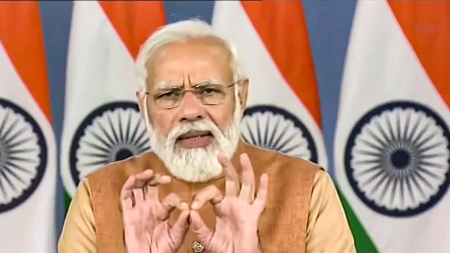 Prime Minister Narendra Modi virtually addresses the National Conclave on Natural Farming, in New Delhi. Credit: PTI Photo