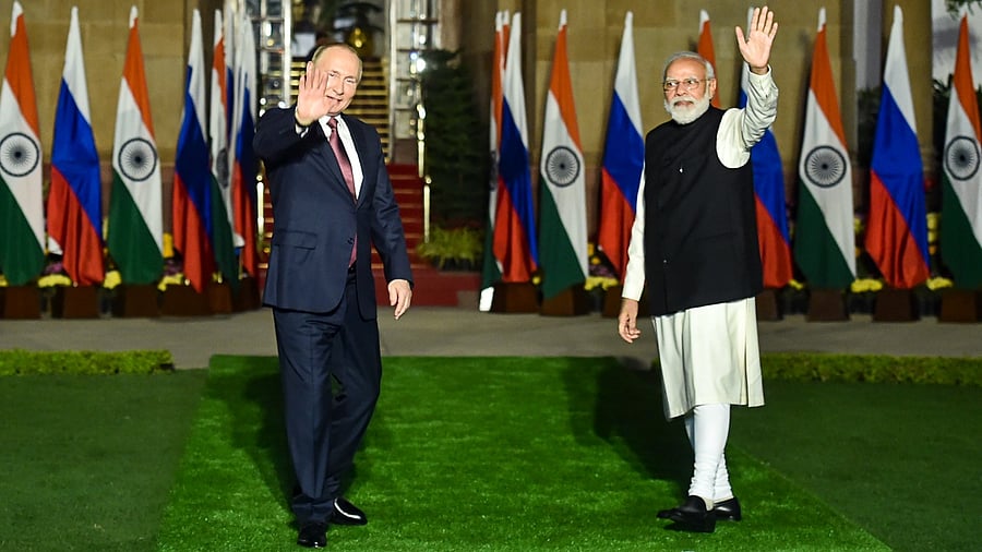 Russian President Vladimir Putin during his visit to India to hold talks with PM Modi on December 6. Credit: PTI Photo