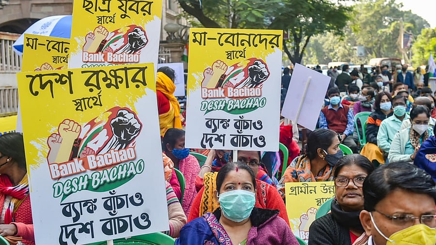 Bank employees stage a two-day nationwide strike against the proposed privatisation of the public sector banks, in Kolkata. Credit: PTI photo