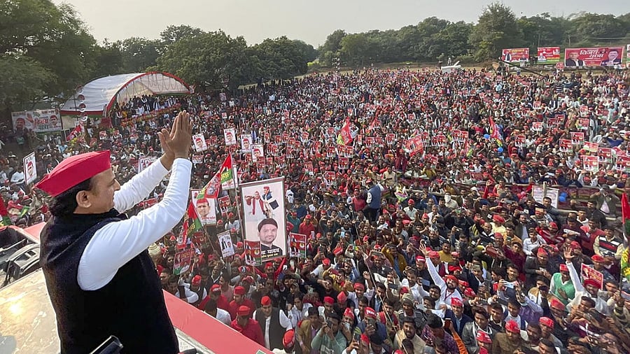 Samajwadi Party President Akhilesh Yadav during his Vijay Rath Yatra in Raebareli. Credit: PTI Photo