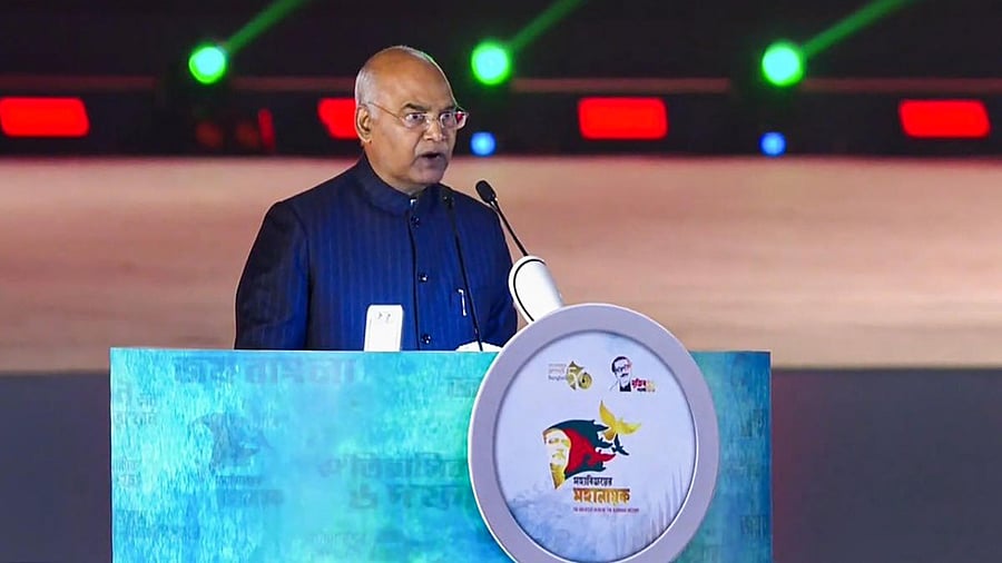 President Ram Nath Kovind speaks during the gala celebrations of Mujib Borsho and Golden Jubilee of Independence of Bangladesh. Credit: PTI Photo