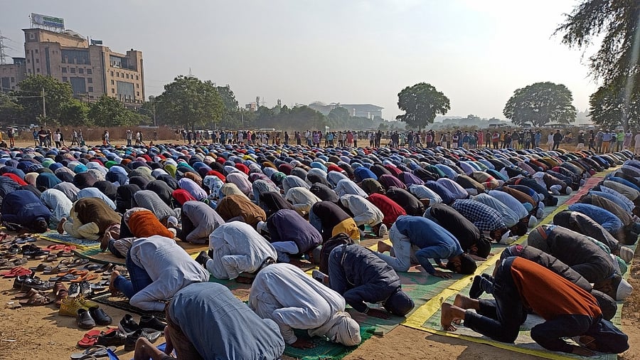 Members of the Muslim community offer Namaz at an open site in Gurugram. Credit: IANS Photo
