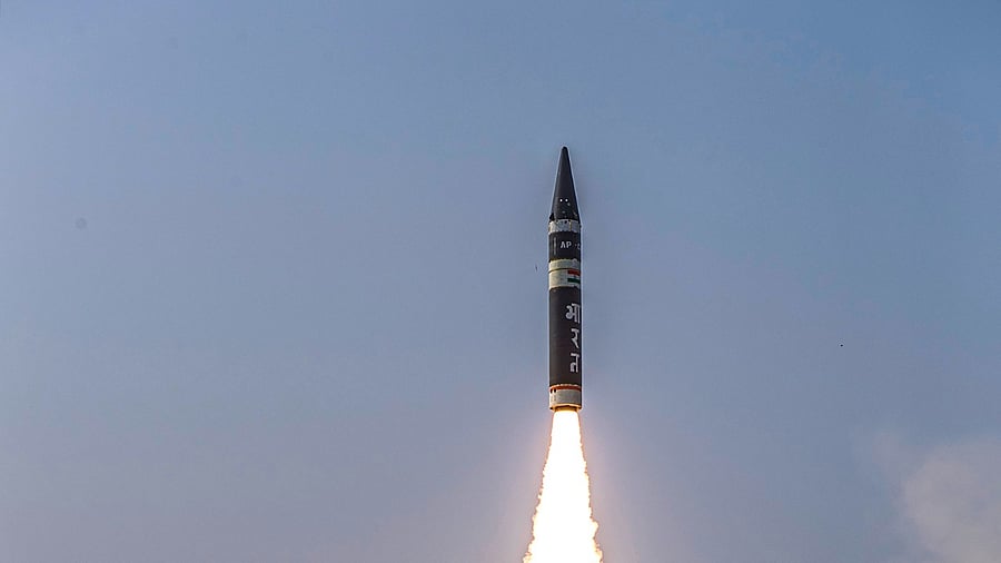 The new generation nuclear capable ballistic missile ‘Agni P’ being successfully tested by the DRDO from Dr APJ Abdul Kalam island off the coast of Odisha. Credit: PTI Photo