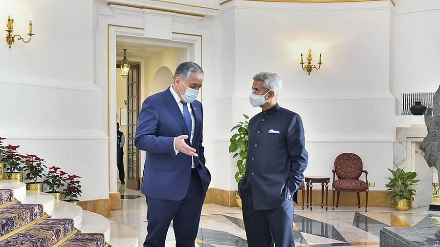 External Affairs Minister S Jaishankar with Foreign Minister Sirojiddin Muhriddin of Tajikistan. Credit: PTI Photo