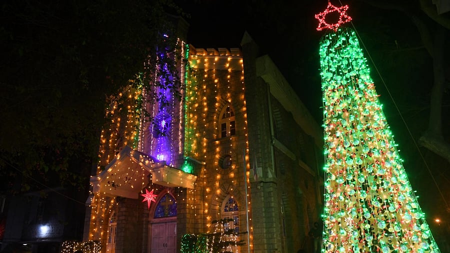 The Christmas tree at Mar Thomas Syrian Church was made from recyclable materials such as aluminium foil, cartons and newspapers. Credit: DH Photo/B H Shivakumar