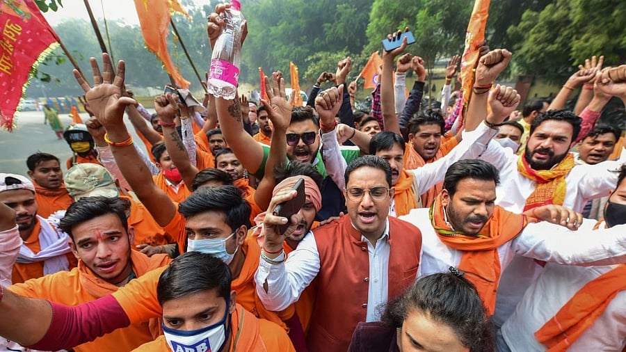 Activists of Vishva Hindu Mahasangh stage a protest against Love Jihad and religion conversion at Jantar Mantar, in New Delhi. Credit: PTI Photo
