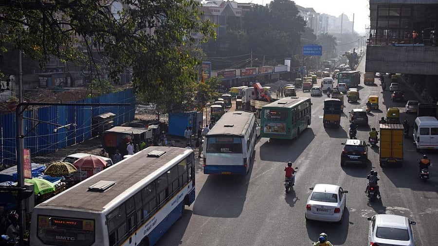 Metro work near KR Puram bridge and Tin Factory. Credit: DH photo