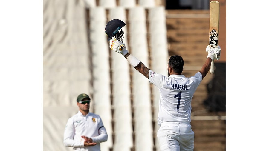 KL Rahul celebrates on completing his century. Credit: AP/PTI Photo