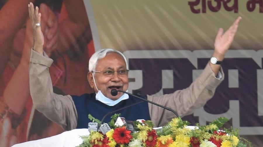 Bihar Chief Minister Nitish Kumar speaks during 'Samaj Sudhar Yatra' in Gopalganj. Credit: PTI Photo