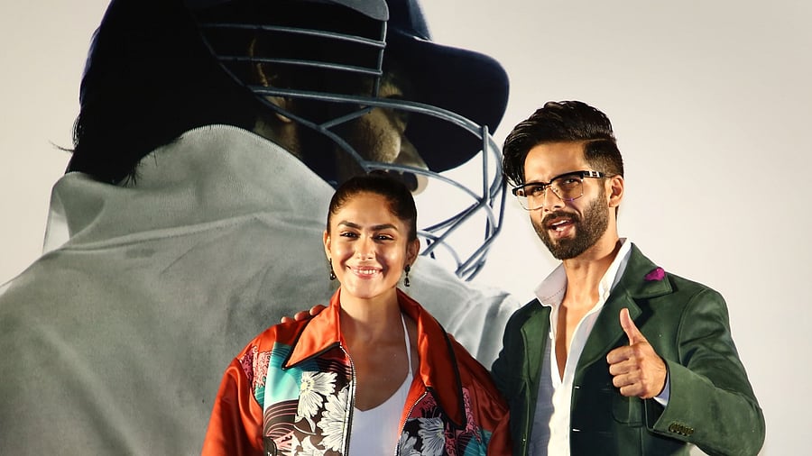 Shahid Kapoor and Mrunal Thakur during a promotion event for the movie. Credit: PTI Photo