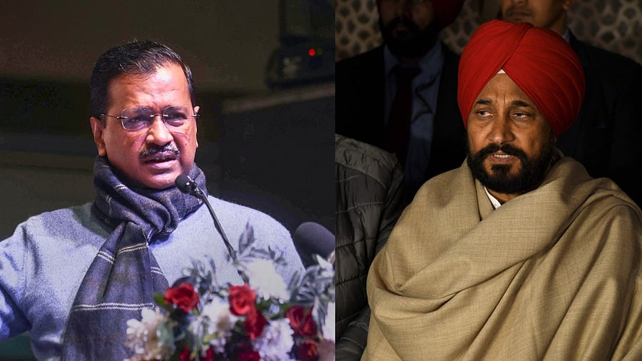 Kejriwal (L) and Channi. Credit: PTI/AFP Photo