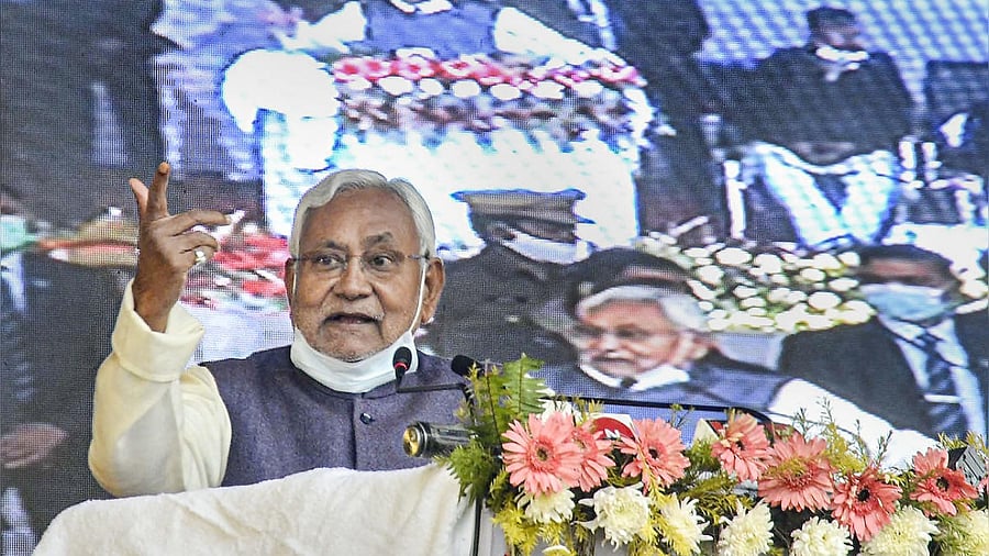Bihar Chief Minister Nitish Kumar addresses during 'Samaj Sudhar Yatra' in Muzaffarpur. Credit: PTI Photo