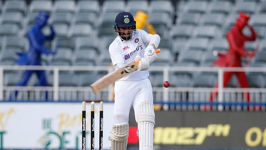 India batter Cheteshwar Pujara plays a shot during the second innings of the second Test against South Africa. Credit: AFP Photo