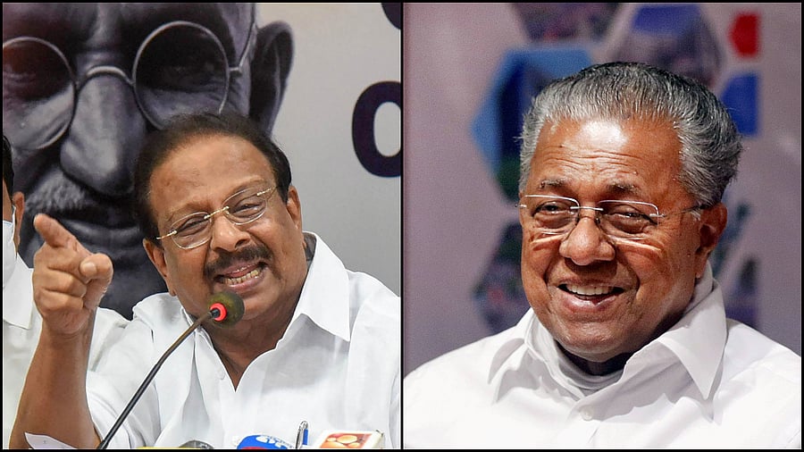 On Tuesday, Vijayan (R) presided over a meeting of around 200 invited guests at an indoor stadium here, and explained the project and also took questions from the guests and no sooner did the meeting get over, Sudhakaran went public and said he will pull out all the stones that have been laid as part of the alignment work for the proposed rail project. Credit: PTI Photos