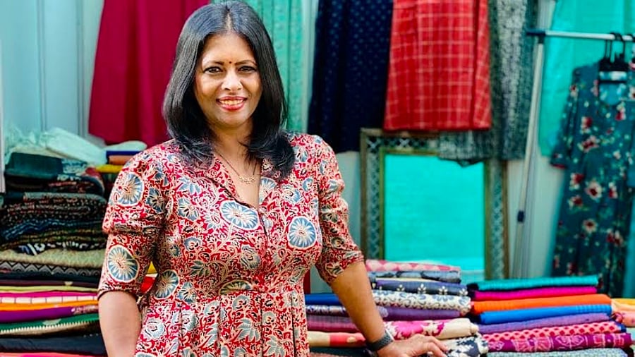 An Indo-Western dress with Ajrakh prints and side seam pockets. Credit: Sudha Kumar