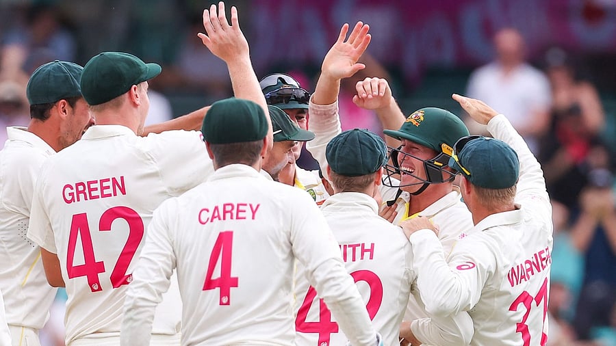Australian players celebrate the dismissal of Johnny Bairstow. Credit: AFP Photo