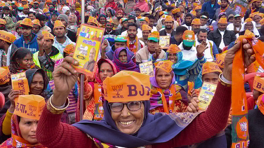 Women supporters during Union Home Minister Amit Shah's 'Jan Vishwas Yatra' ahead of 2022 Uttar Pradesh Assembly elections. Credit: PTI Photo