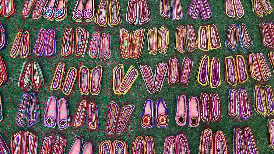 Footwears sent to the workers of Kashi Vishwanath Dham. Credit: IANS Photo