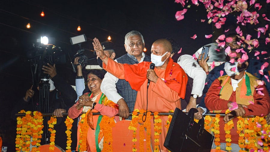UP Chief Minister Yogi Adityanath speaks during his 'Jan Vishwas Yatra' in Ghaziabad, Saturday, Dec. 25, 2021. Credit: PTI Photo