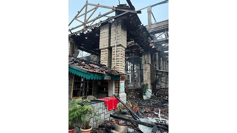 A view of the burnt building of Secunderabad Gymkhana Club after a fire broke out, in Hyderabad. Credit: IANS Photo