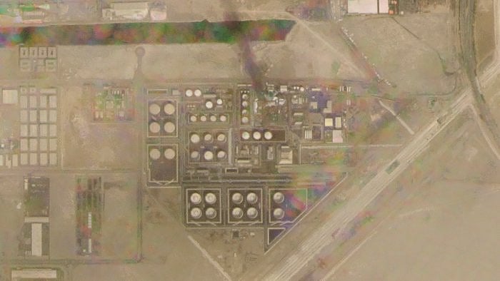 Satellite image provided by Planet Labs PBC, smoke rises over an Abu Dhabi National Oil Co. fuel depot in the Mussafah neighborhood of Abu Dhabi. Credit: AP Photo