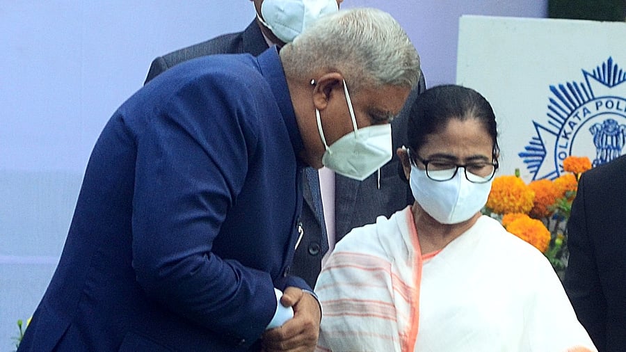 West Bengal Governor Jagdeep Dhankar in a conversation with Chief Minister Mamata Banerjee during the 73rd Republic Day celebrations at Red Road in Kolkata. Credit: IANS Photo
