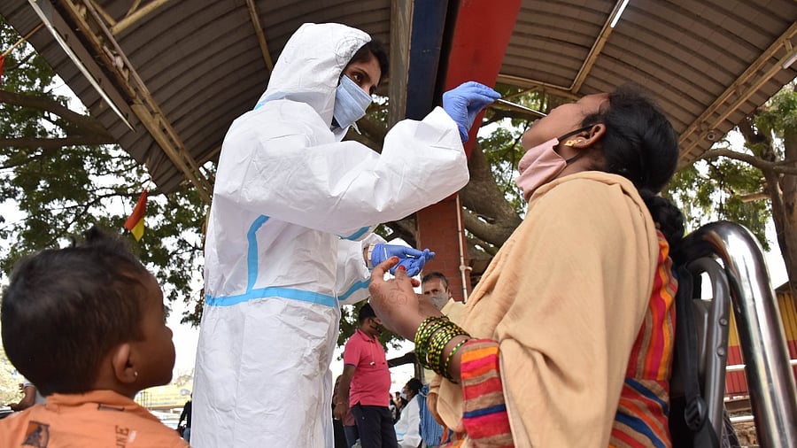 A health worker collects swab samples in Bengaluru on Tuesday. Credit: DH Photo/B K Janardhan