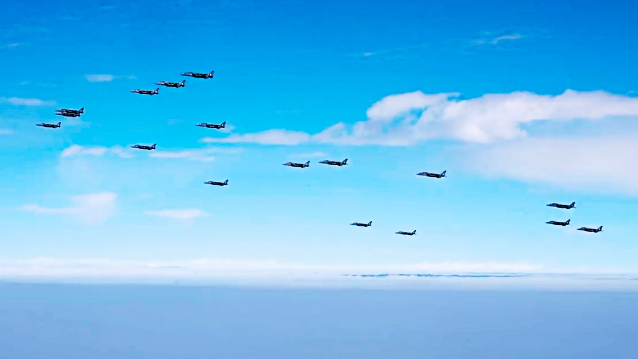 'Jaguar' aircrafts of the Indian Air Force fly in 'Amrit' formation. Credit: PTI Photo