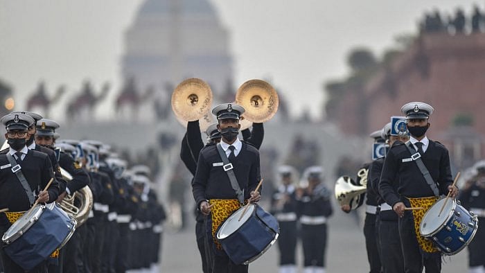 Indian Armed Forces Band during rehearsals for the Beating Retreat ceremony ahead of Republic Day, at Vijay Chowk in New Delhi. Credit: PTI Photo