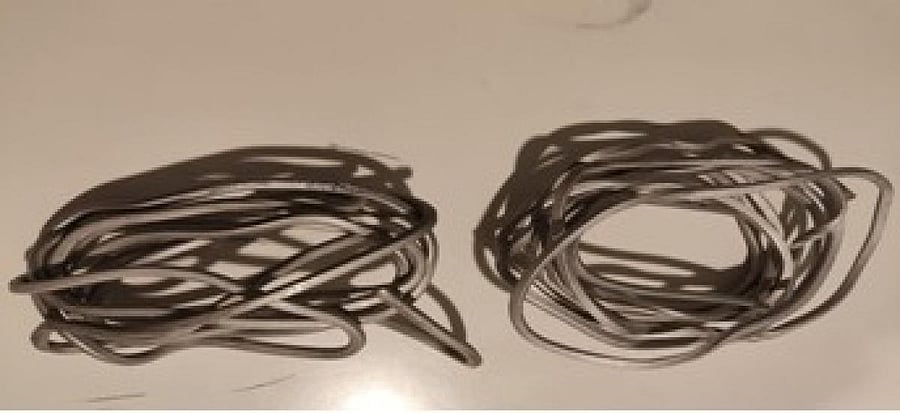 A thorough search of his handbag then showed 927.77 gm of crude gold in the form of rhodium-coated coiled wire. Credit: Special Arrangement