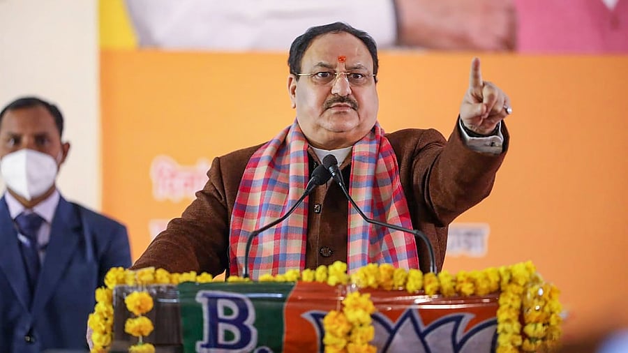 BJP National President J P Nadda speaks during 'Prabhavi Matdaata Samwad' ahead of the Uttar Pradesh Assembly elections, in Etawah. Credit: PTI Photo