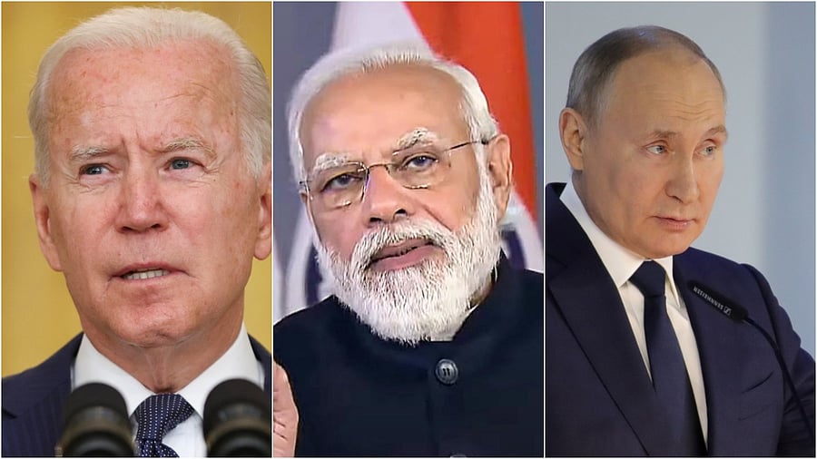<div class="paragraphs"><p>US President Joe Biden (left), PM Narendra Modi (centre) and Russian President Vladimir Putin (right). </p></div>