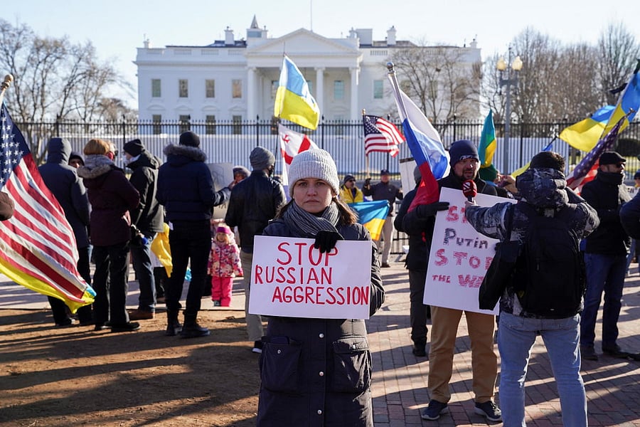 Activists demonstrate against a possible invasion of Ukraine by Russia during a protest in Washington. Credit: Reuters photo