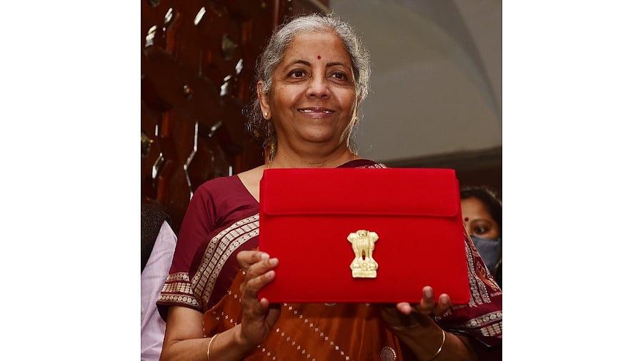 Union Minister of Finance Nirmala Sitharaman with a folder case containing the Union Budget 2022-23. Credit: PTI Photo