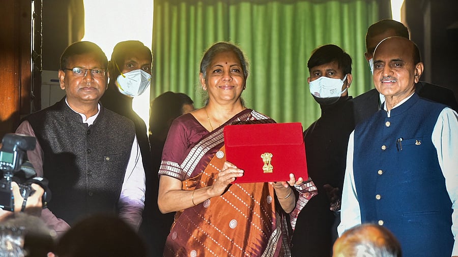 Finance Minister Nirmala Sitharaman with the Union Budget 2022-23. Credit: PTI Photo