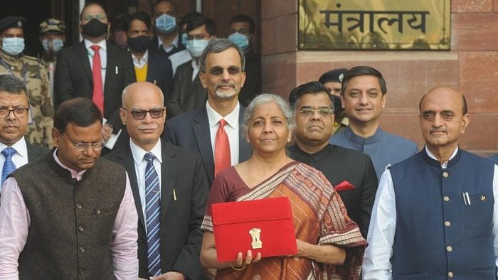 Union Finance Minister Nirmala Sitharaman with MoS Finance Pankaj Chaudhary and Dr Bhagwat Kishanrao Karad and other officials from the Ministry of Finance. Credit: IANS Photo