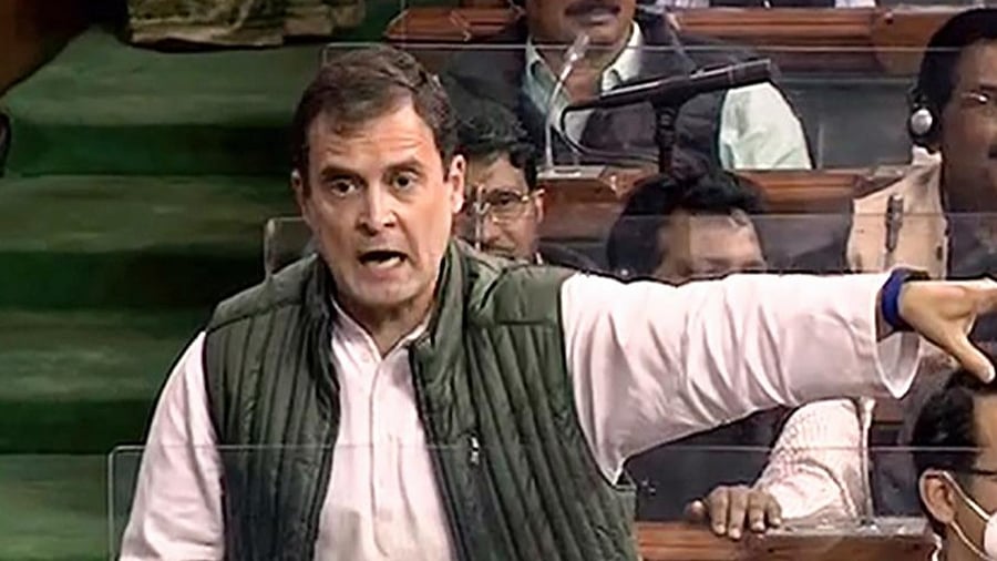 Congress MP Rahul Gandhi speaks in the Lok Sabha, in New Delhi, Wednesday, Feb. 2, 2022. Credit: PTI Photo